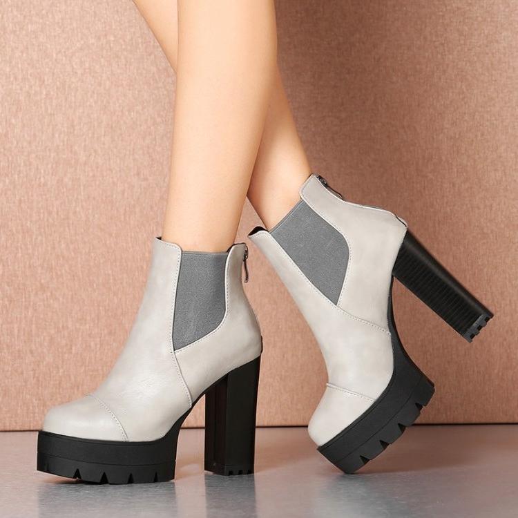 ショートブーツ レディース 秋冬 ブラック ラウンドトゥ ハイヒール 厚底 太ヒール ブーツ チェルシーブーツ 欧米風 ブリティッシュ スエード ゴム底 フェイクファー裏地