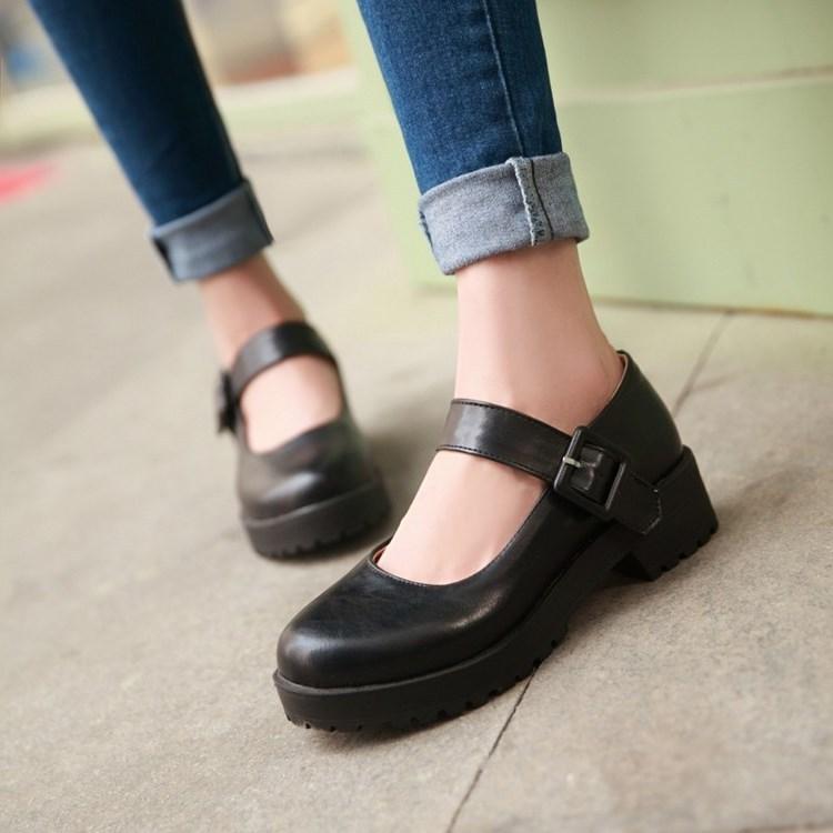 レディース 厚底シューズ レースアップ スクール レトロ ラウンドトゥ ミドルヒール 合成皮革 韓国 ブリティッシュ 学生 通学 普段使い カジュアル イエロー レッド ブラック