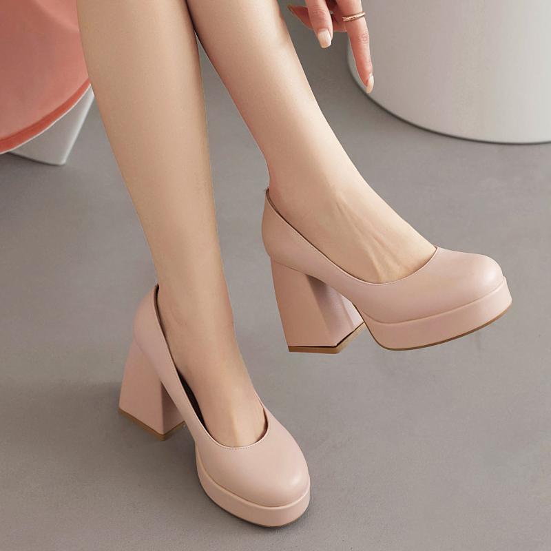 パンプス レディース 春夏 厚底 ストーム 太ヒール 8cm以上 ハイヒール 浅履き ラウンドトゥ PUレザー 幅広いサイズ カジュアル きれいめ