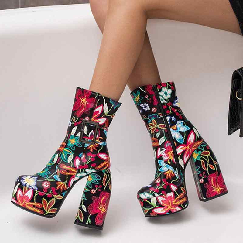 ショートブーツ レディース 大きいサイズ 厚底 プラットフォーム 太ヒール ハイヒール 欧米スタイル ナイトクラブ パーティー イベント フェイクレザー ブラック 女性用