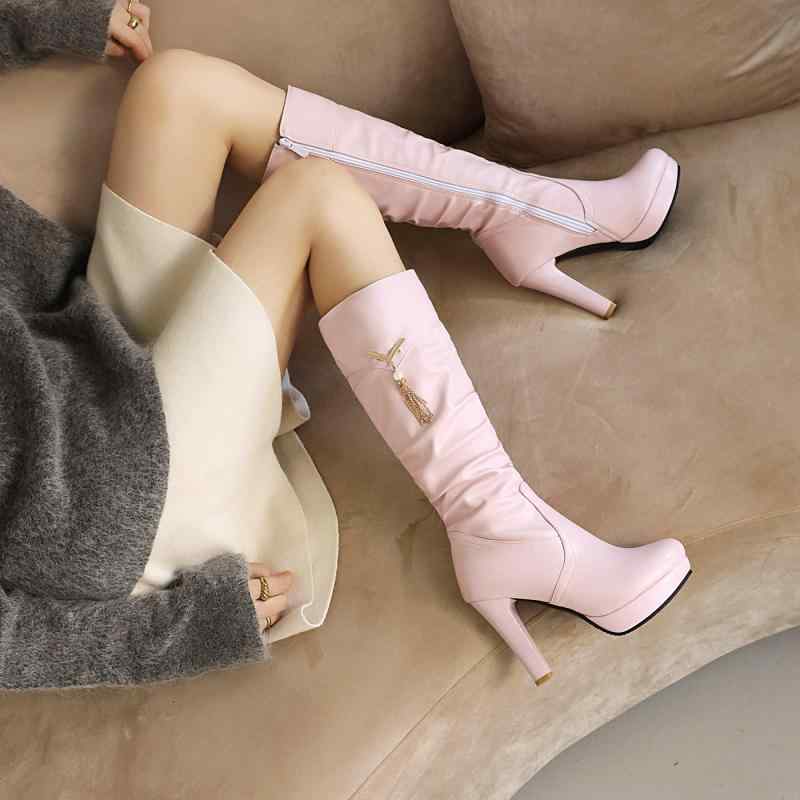 ブーツ レディース ブーツ ライディングブーツ カジュアル スリッポン ロングブーツ 超ハイヒール 細ヒール 合成皮革 マイクロファイバー メタルチェーン ラウンドトゥ ラバーソール ムートン調インソール コットン裏地 秋冬春