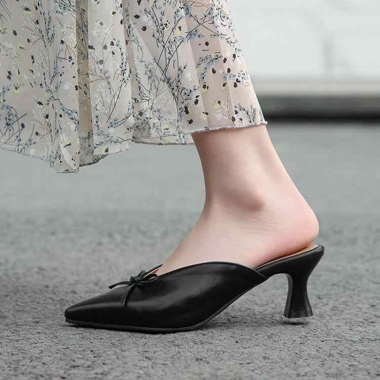 ミュール レディース 女性用 春夏 ポインテッドトゥ ミドルヒール チャンキーヒール リボン 韓国ファッション エレガント 上品 サンダル ブラック ベージュ アプリコット