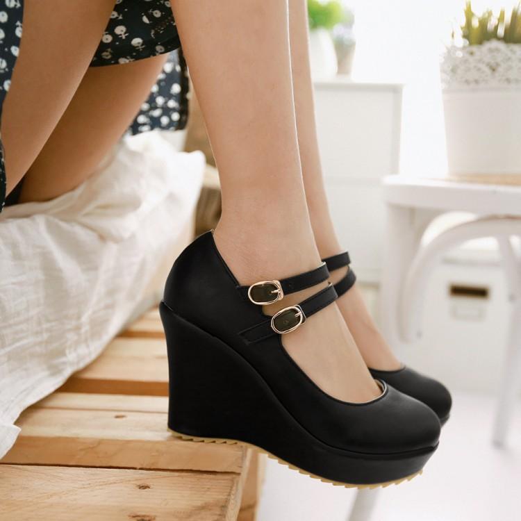 厚底パンプス レディース 韓国 8cmウェッジヒール ストラップ ラウンドトゥ PUレザー カジュアル 普段使い 春夏秋 ホワイト ブラック パープル ベージュ