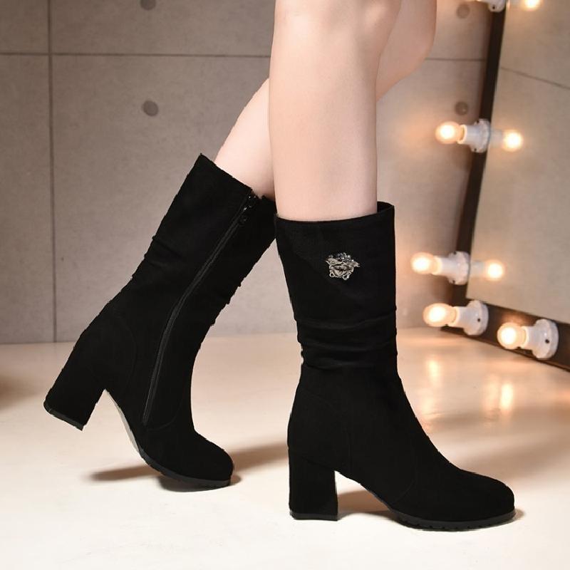 チェルシーブーツ レディース 女性用 ミドル丈 太ヒール チャンキーヒール ハイヒール スエード調 ブラウン 茶 春秋 カジュアル 普段使い お出かけ