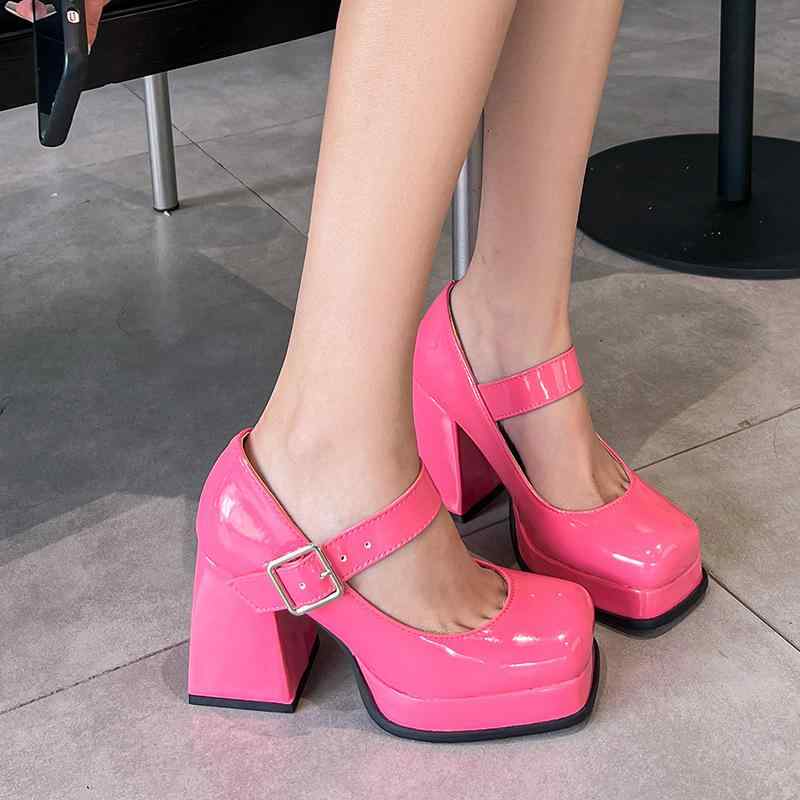 パンプス レディース 欧米風 韓国 秋冬 エナメル PUレザー 厚底 プラットフォーム 太ヒール チャンキーヒール スクエアトゥ バックル 超ハイヒール