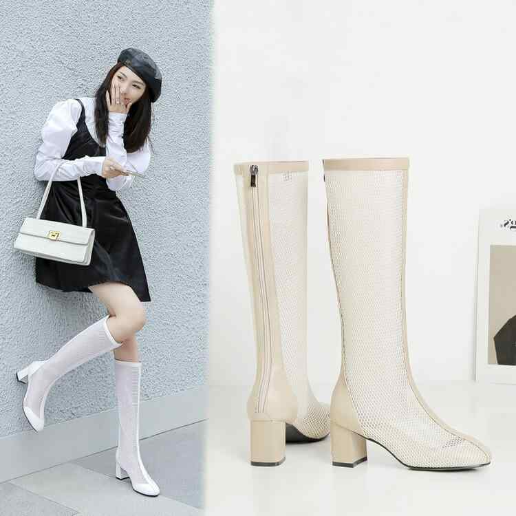 ブーツ レディース メッシュ ロングブーツ チャンキーヒール ハイヒール ラウンドトゥ 切り替え カットアウト 大きいサイズ 滑り止め 春夏秋 カジュアル サイドジッパー マイクロファイバー