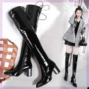 ロングブーツ レディース 秋冬 エナメル 太ヒール ポインテッドトゥ オーバーニー チャンキーヒール 高ヒール サイドファスナー フェイクファー裏地 ブリティッシュスタイル