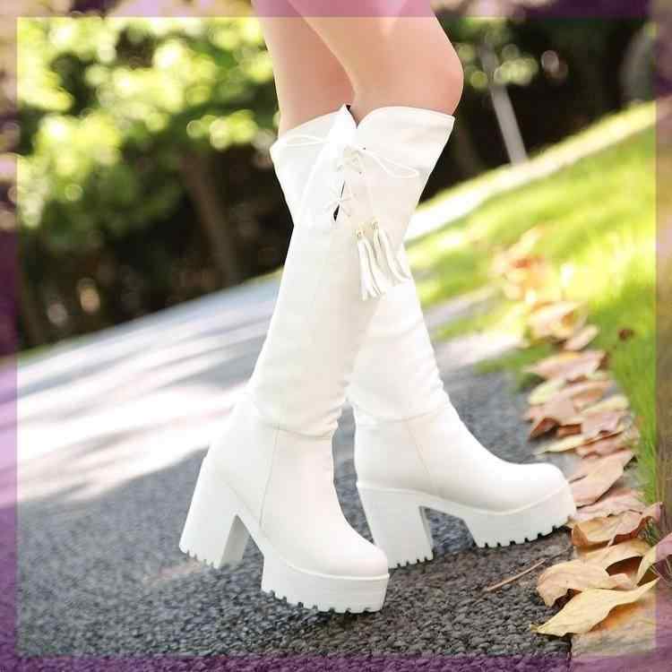 レディース ロングブーツ 韓国 欧米風 秋冬 ハイヒール チャンキーヒール フリンジ クロスストラップ スエード調 ラウンドトゥ フェイクファー裏地 ホワイト ブラック カジュアル 普段使い