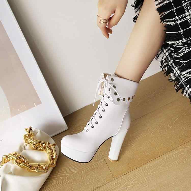 ショートブーツ レディース 編み上げ 厚底 太ヒール ブリティッシュスタイル 合成皮革 ブラウン ラウンドトゥ 秋冬 カジュアル 普段使い