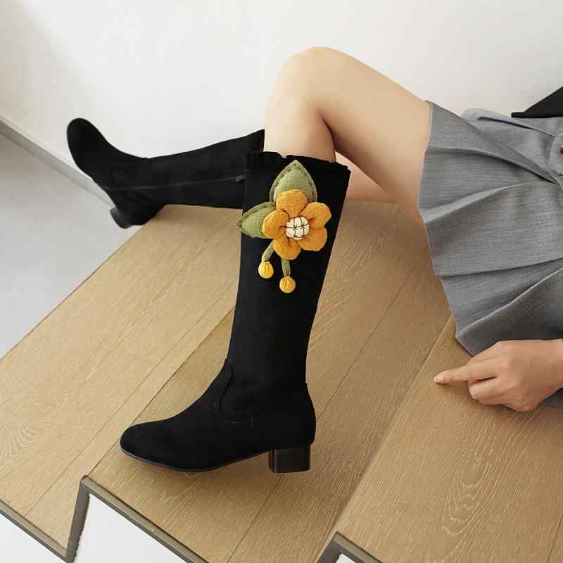 ブーツ キッズ 女の子 ジュニア レディース かわいい ひまわり 花柄 スエード ロング丈 太ヒール ミドルヒール サイドジップ ゴム底 秋冬 ブラック ピンク