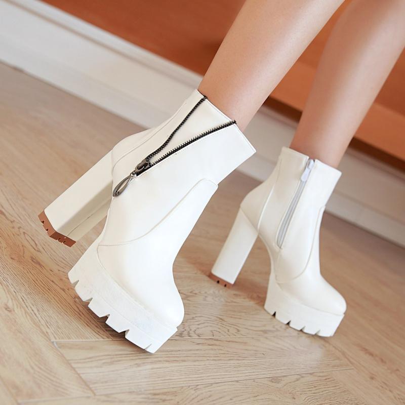 レディース ショートブーツ 欧米風 秋冬 サイドジップ プラットフォーム 太ヒール ハイヒール 美脚 安..