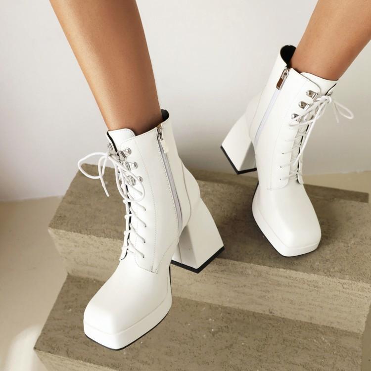 ショートブーツ レディース 秋冬 合成皮革 スクエアトゥ プラットフォーム 厚底 太ヒール 編み上げ カジュアルブーツ 高めヒール 防寒 大きいサイズ