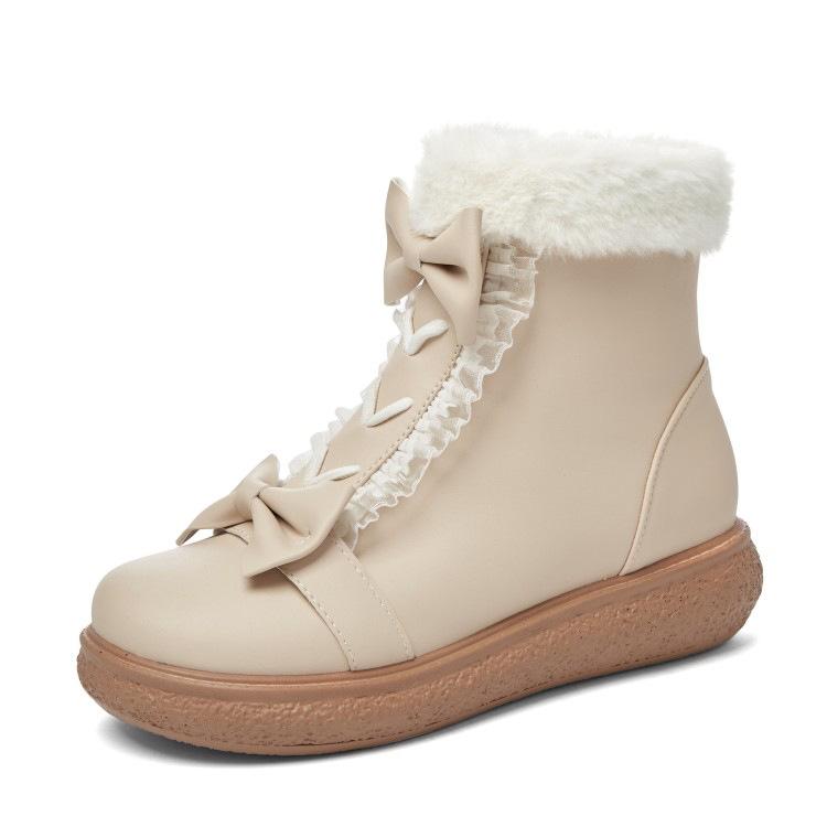 スノーブーツ レディース 学生 親子コーデ フラット ショートブーツ サイドジップ リボン 秋冬 合成皮..