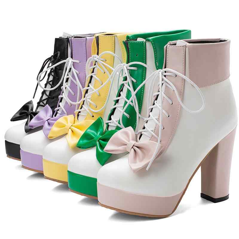 ショートブーツ レディース 太ヒール チャンキーヒール ハイヒール 厚底 プラットフォーム バイカラー 配 レースアップ 編み上げ ロリータ 大きいサイズ フェイクレザー PUレザー ラウンドトゥ アンクル丈 裏起毛 保温 秋冬