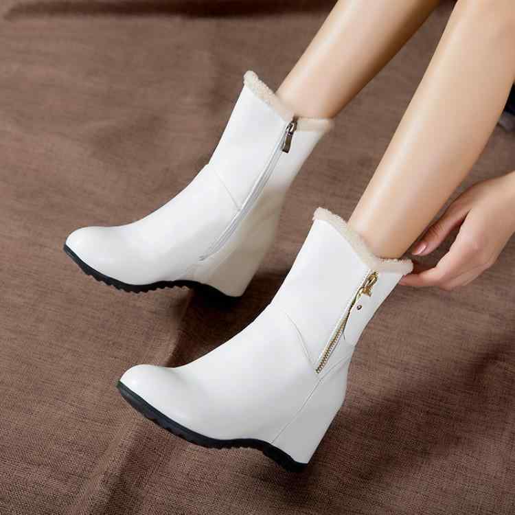 ショートブーツ レディース 大きいサイズ ポインテッドトゥ ウェッジヒール 厚底 サイドジップ 防寒 合成皮革 カジュアル 普段使い 秋冬 ブラック ホワイト アイボリー