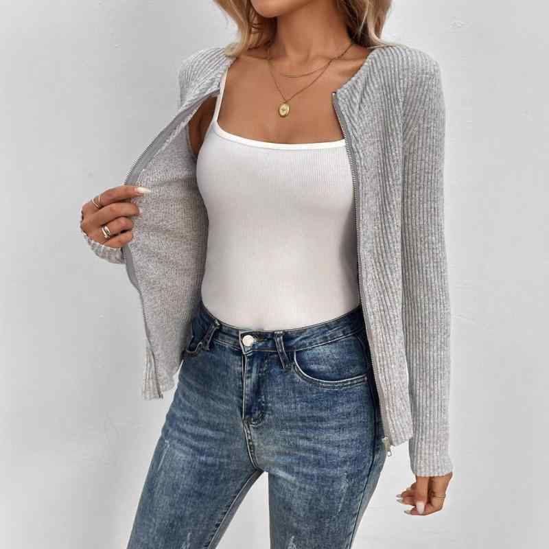 カーディガン レディース ニット ジップアップ 長袖 無地 リブ編み クルーネック スリムフィット ポリ..
