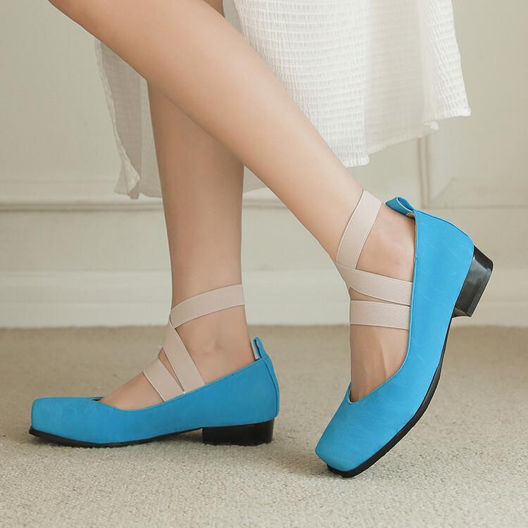 パンプス レディース スクエアトゥ バレエシューズ ぺたんこ ゴムストラップ 柔らか フェイクレザー オ..