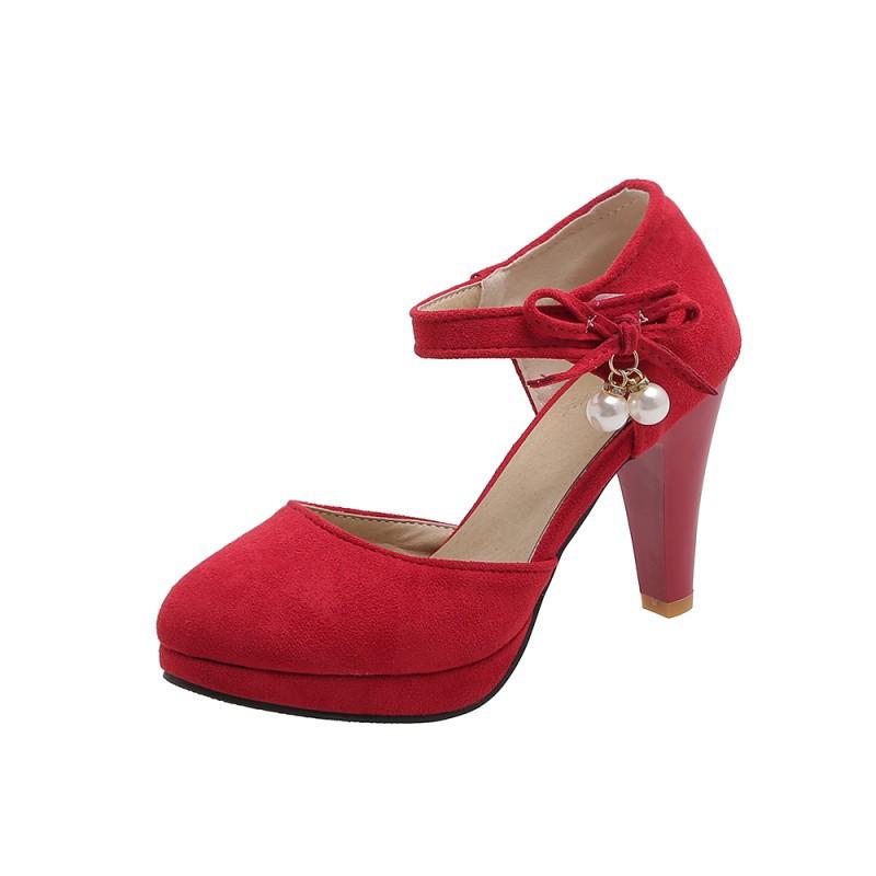 サンダル レディース 太ヒール ハイヒール 厚底 プラットフォーム アンクルストラップ つま先カバー 合成皮革 ラウンドトゥ バックル 大きいサイズ ラインストーン レッド ブラック ベージュ ピンク 春夏