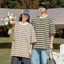 Tシャツ メンズ レトロ バイカラー ストライプ 半袖 ゆったり オーバーサイズ ペアコーデ カジュアル トップス 表面感 ポリエステル クルーネック 春夏 グリーン ベージュ