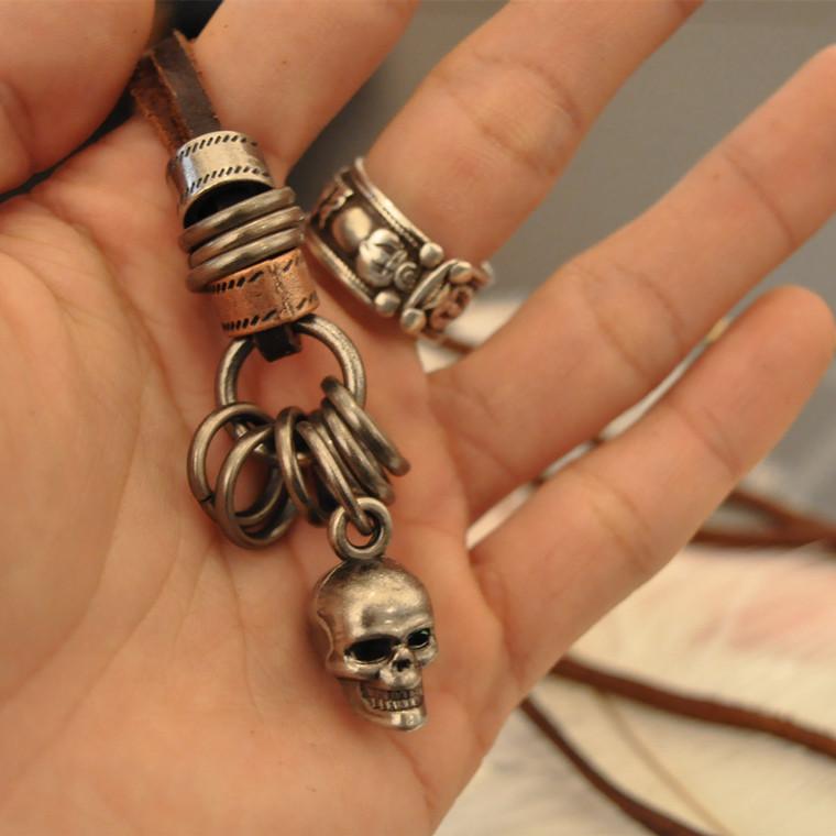 ネックレス メンズ 男性用 スカル ドクロ 骸骨 ペンダント トップ 牛革 コーヒーブラウン 合金製 レト..