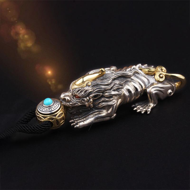 ネックレス メンズ 男性用 純銀 シルバー925 貔貅 ピクシー モチーフ 回転式 ペンダント トップ 個性的 ユニーク レトロ アンティーク ソリッド 中実 迫力 開運 お守り カジュアル