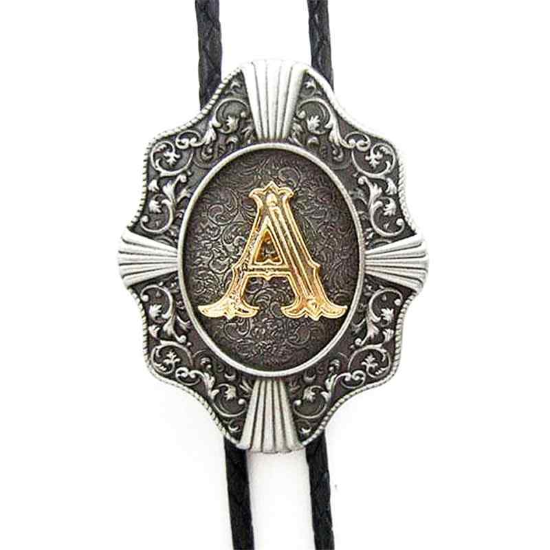 ボロタイ メンズ レディース 男女兼用 イニシャル A アルファベット アメリカン ウエスタン カウボーイ レザー 牛革 アクセサリー 電気メッキ加工 金銀ツートンカラー 合金