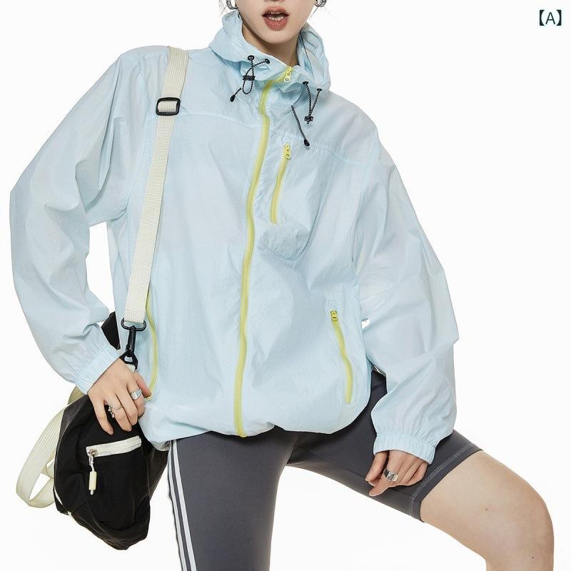 おうち健康生活のUVカットパーカー レディース アメリカンレトロ 配色切り替え 羽織り 春夏 薄手 軽量 ゆったり 紫外線対策 カジュアル ポリエステル ミドル丈 デイリーユース｜アングル2