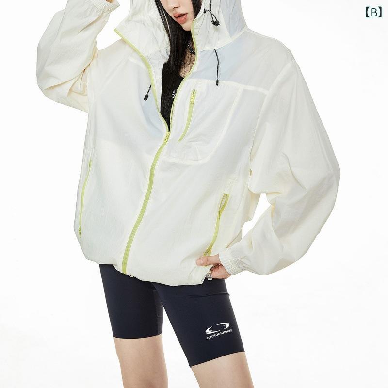 おうち健康生活のUVカットパーカー レディース アメリカンレトロ 配色切り替え 羽織り 春夏 薄手 軽量 ゆったり 紫外線対策 カジュアル ポリエステル ミドル丈 デイリーユース｜アングル3