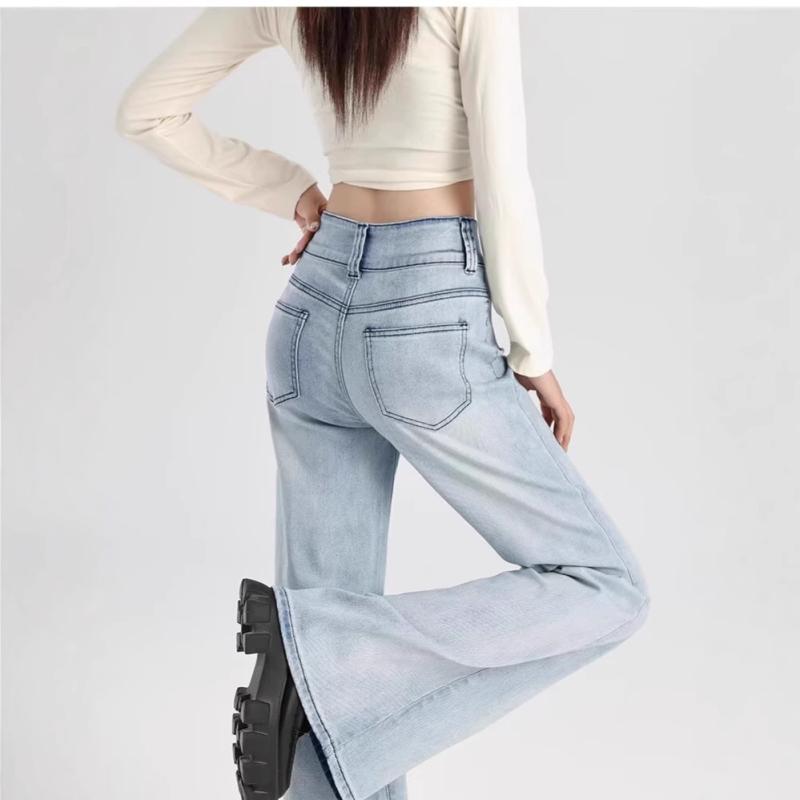 デニムパンツ レディース ライトブルー アメリカン ハイウエスト セミフレア ブーツカット ジーンズ 美..