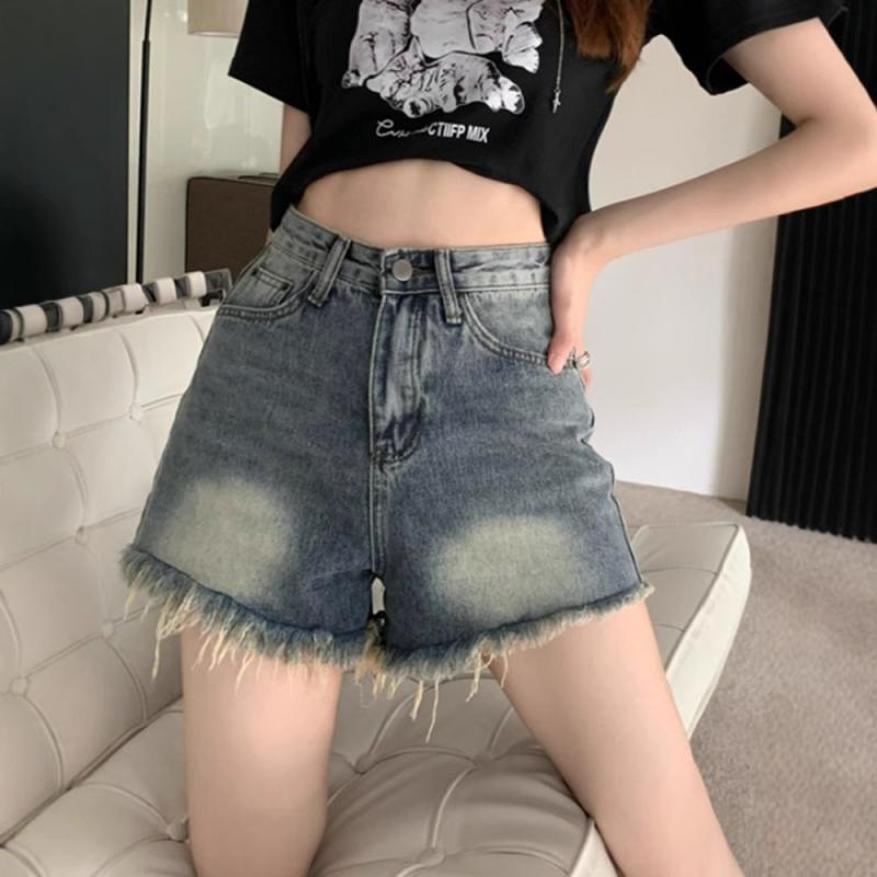 デニム レディース ショートパンツ ホットパンツ ハイウエスト レトロ ユーズド加工 フリンジ コットン ストレッチ 伸縮性 ブルー 春夏 スタイルアップ 脚長効果 性