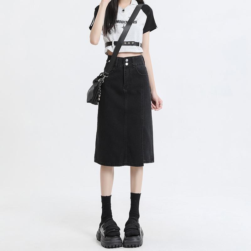 スカート レディース デニム スリット ハイウエスト Aライン タイトスカート 春夏 細見え 着痩せ効果 低身長 小柄向け ミドル丈 通勤 オフィス カジュアル 普段使い 綿混 ポリエステル混 ブラック ブルー