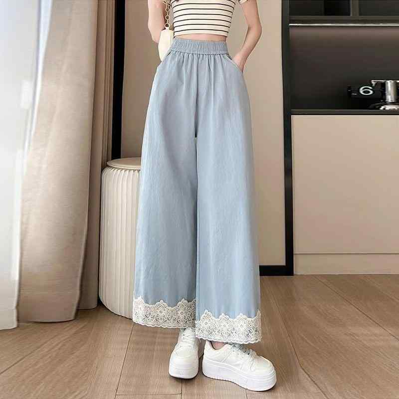 カジュアルパンツ レディース 春 レース切り替え ハイウエスト ドレープ感 ゆったり ウォッシュコットン ワイド ストレート 9分丈 クロップド丈