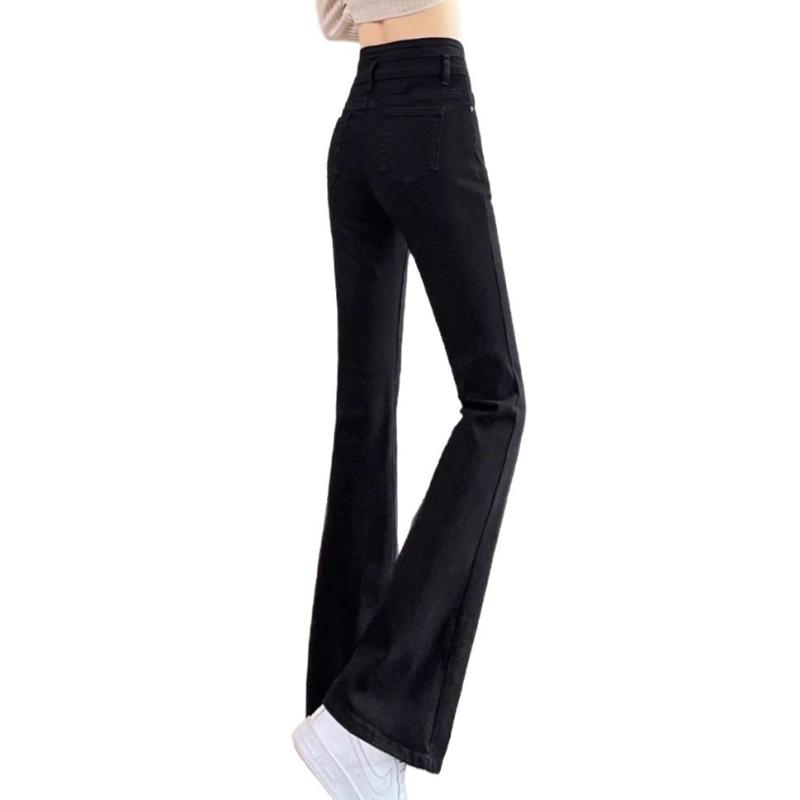 デニムパンツ レディース ジーンズ ブラック ハイウエスト ブーツカット フレアシルエット 細見え 美脚..