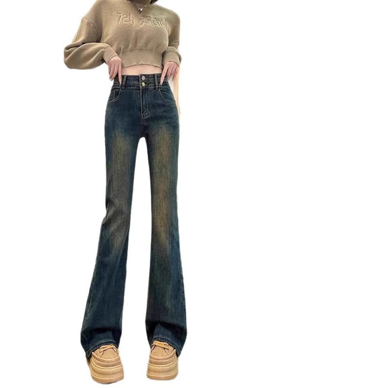 デニムパンツ レディース セメントグレー レトロ ヴィンテージ風 ハイウエスト セミフレア ブーツカッ..