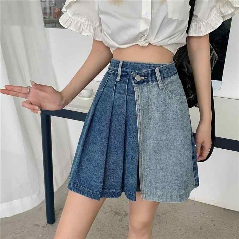 スカート レディース Aライン デニムスカート ハイウエスト プリーツ ショート丈 ブラック 大きいサイズ ゆったり 綿素材 ストレッチ アメカジ ストリート 春夏