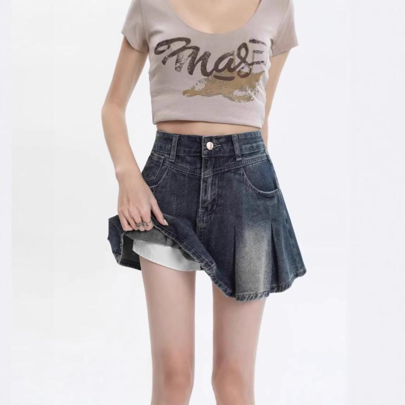 スカート レディース デニム プリーツ ハイウエスト Aライン ミニスカート 春夏 カジュアル アメカジ レトロ 着痩せ効果 スタイルアップ 裏地付き 普段使い 綿混素材