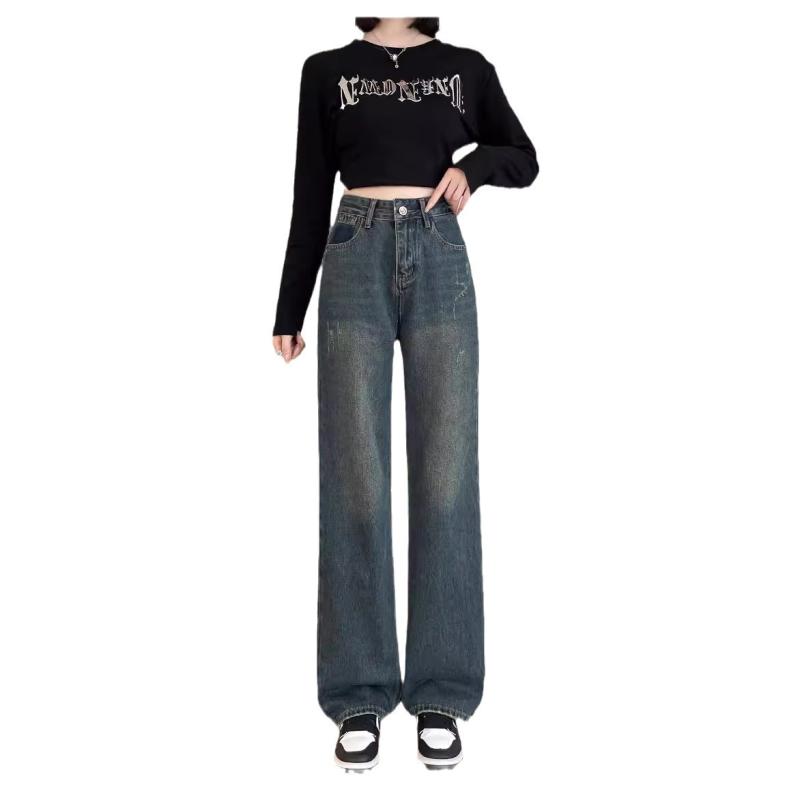 デニムパンツ レディース ワイドパンツ ハイウエスト フルレングス セメントグレー 刺繍 配色切り替え ..