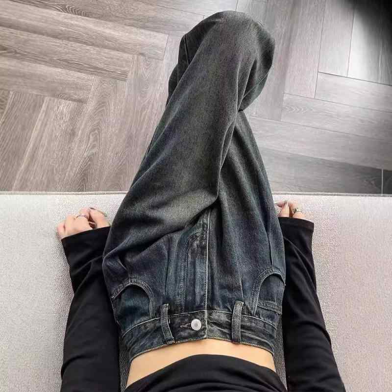 デニムパンツ レディース 小柄 低身長向け レトロ ハイウエスト ワイドストレート 裏起毛 厚手 タック 綿混 カジュアル ボトムス 秋冬