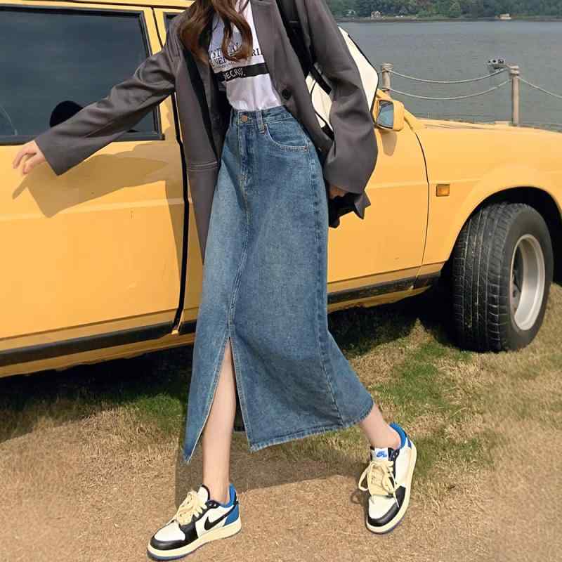 スカート レディース ハイウエスト スリット デニム Aライン タイトスカート ミモレ丈 小柄 低身長向け..