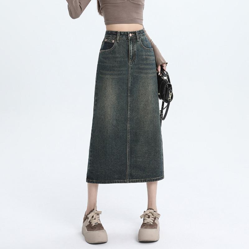 スカート レディース デニムスカート Aライン スリット ミディ丈 ミモレ丈 ハイウエスト 体型カバー 着痩せ 無地 レトロ ヴィンテージ..