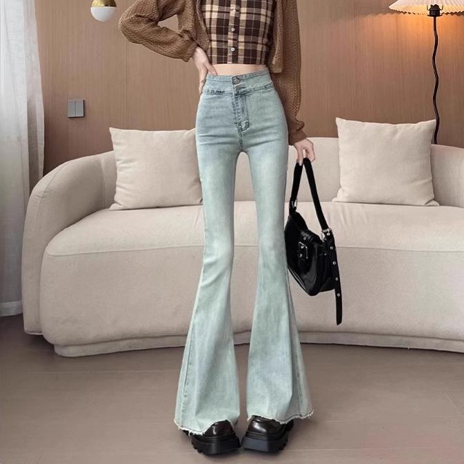 デニムパンツ レディース ハイウエスト ブーツカット フレアパンツ スタイルアップ効果 着痩せ 細見え スリム ストレッチ コットンデニム ロング丈 淡 ライトブルー グレー カジュアル 春夏秋冬