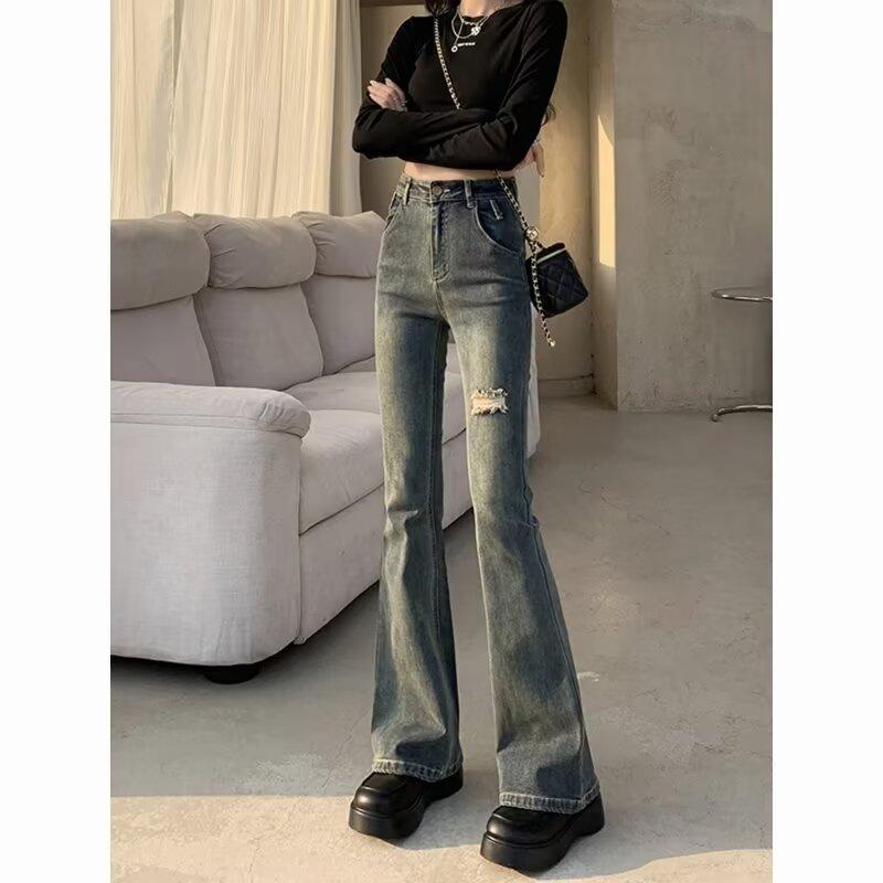 デニムパンツ レディース レトロ ハイウエスト セミフレア ブーツカット 細見え 小柄向け 綿混 ストレッチ グレー カジュアル 通勤 オールシーズン