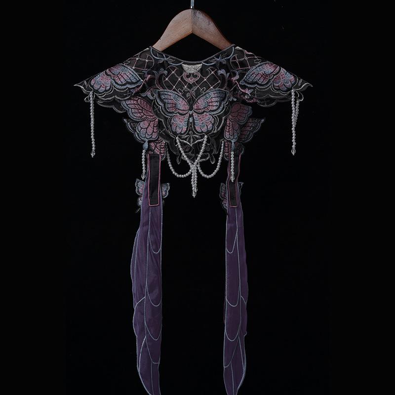 雲肩 漢服 卒業式 袴用 ショール ケープ 付け襟 肩掛け 古風 エレガント 上品 黒蝶 植物花柄 ポリエステル ブラック