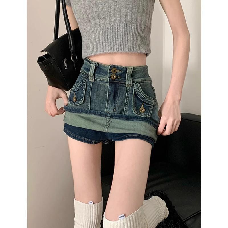 Cotton - ミニスカート レディース 春夏 デニム ブルー ハイウエスト Aライン レトロ ヴィンテージ風 カジュアル ストリート 着痩せ 体型カバー 小柄 低身長向け 綿 ポリエステル 伸縮性 ボトムス スカートパンツ ポケット付き