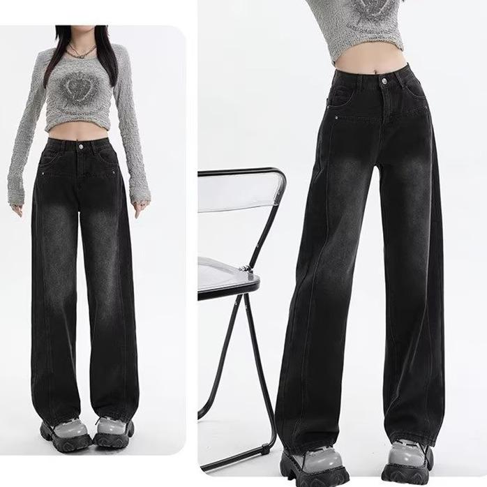 デニムパンツ レディース 大きいサイズ 秋冬 レトロ アメリカンカジュアル ブラック ゆったり 着痩せ効果 ハイウエスト ストレートワイド ロング丈 コットン 薄手 ストレッチ カジュアル