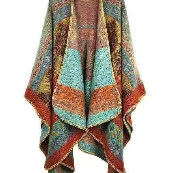 ポンチョ レディース 秋冬 ニット 厚手 フェイク リバーシブル スリット エスニック 鹿柄 保温 防寒対..