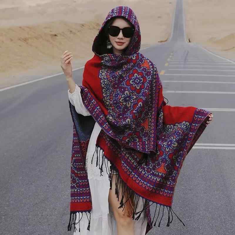 楽天おうち健康生活ショール レディース 女性用 ケープ ポンチョ 羽織り ボヘミアン エスニック 民族調 レトロ 花柄 幾何学模様 プリント 旅行 リゾート アウトドア お出かけ 普段使い 写真映え 保温 あったか ロング丈 ポリエステル 春秋冬