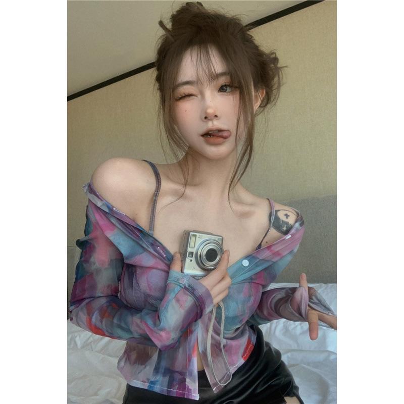 シャツ レディース Vネック グラデーションカラー ショート丈 シースルー UVカット 個性的 ヘルシーセクシー 甘辛 長袖 スリムフィット 春夏 通勤 オフィス ポリエステル