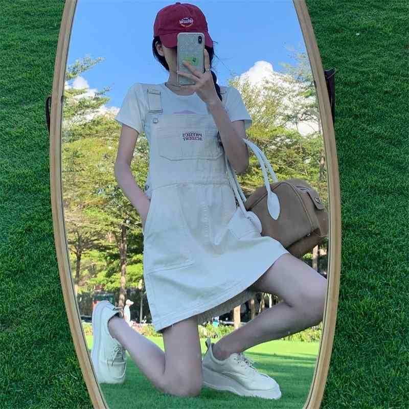 ワンピース レディース デニム サロペットスカート ジャンパースカート Aライン 大きいサイズ ゆったり 低身長向け ショート丈 着痩せ 体型カバー カジュアル かわいい ホワイト ブラック オフホワイト 春夏