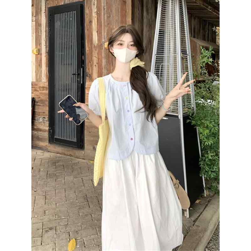 セットアップ レディース きれいめ かわいい アシンメトリー パフスリーブ 半袖 ブラウス ハイウエスト ウエストゴム スカート ミディ丈 春夏